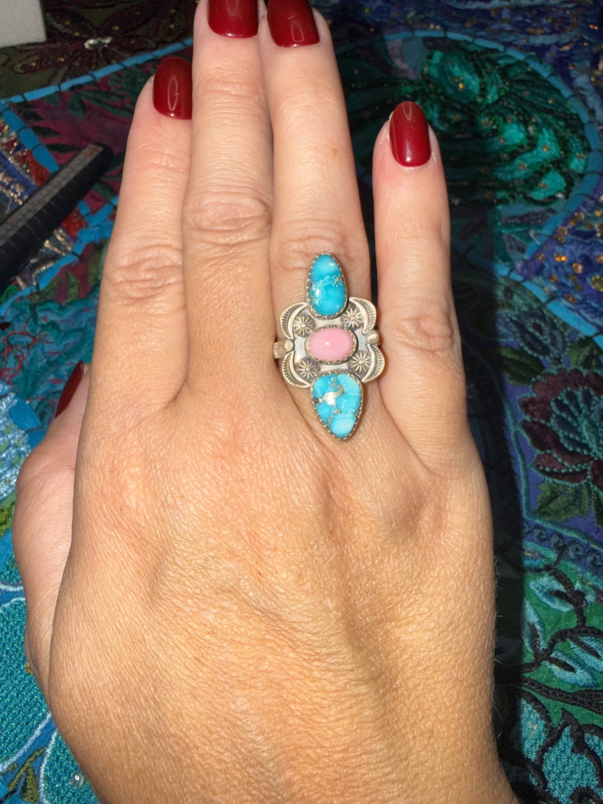 Whitewater Turquoise and Pink Opal Ring 6-10