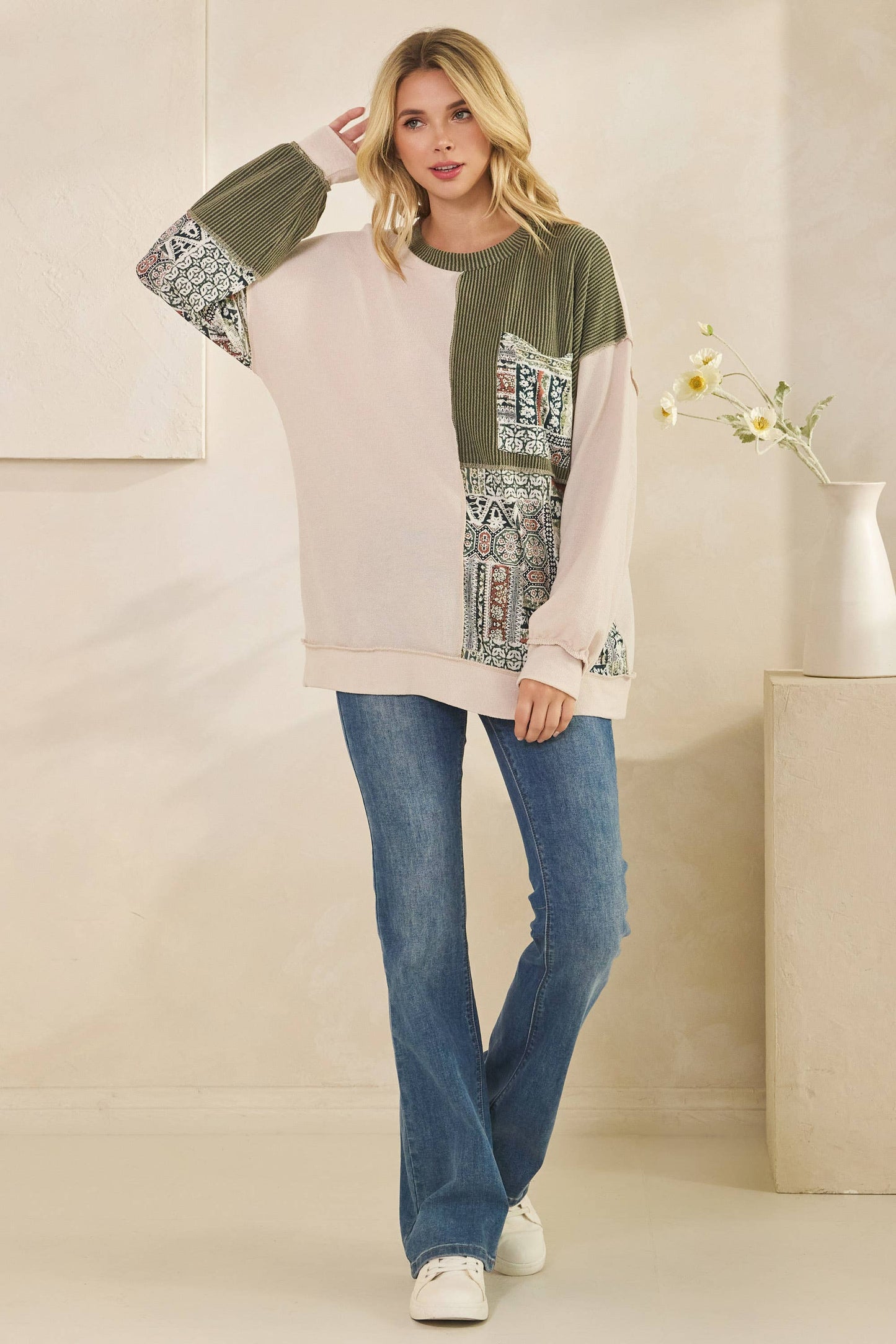 Patchwork Knit Long Sleeve Pullover Top Olive