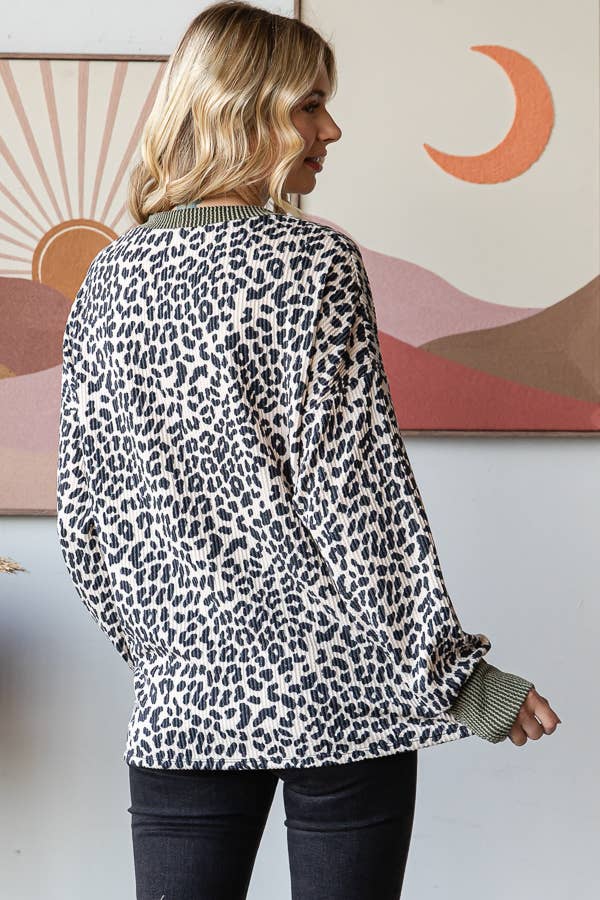 Rib Knit Animal Print Top Cream