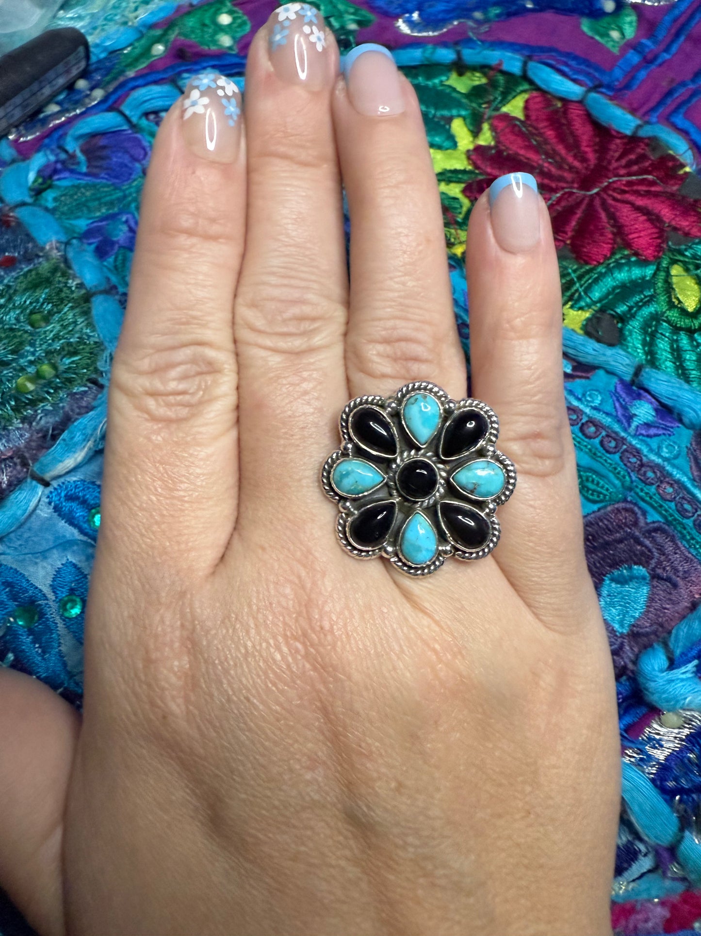 Sterling Turquoise/Onyx Ring adjustable size 9 or smaller