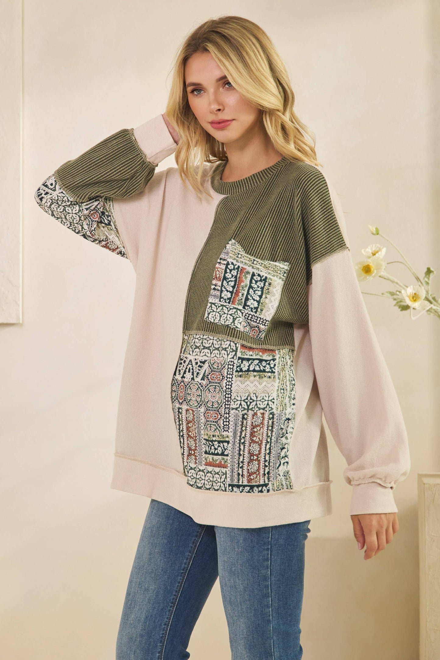 Patchwork Knit Long Sleeve Pullover Top Olive