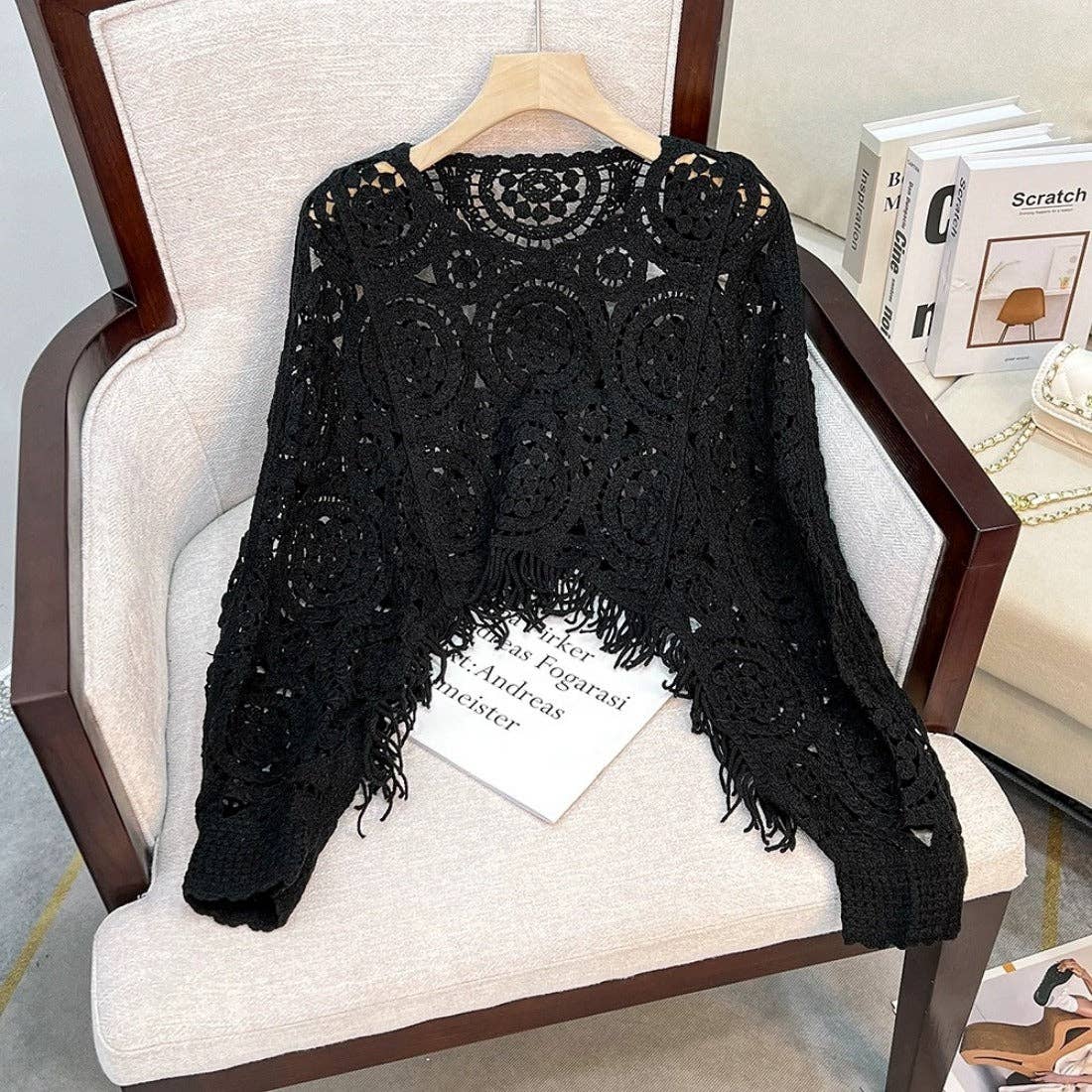 Vintage Hollow Knit Batwing Sweater:One Size