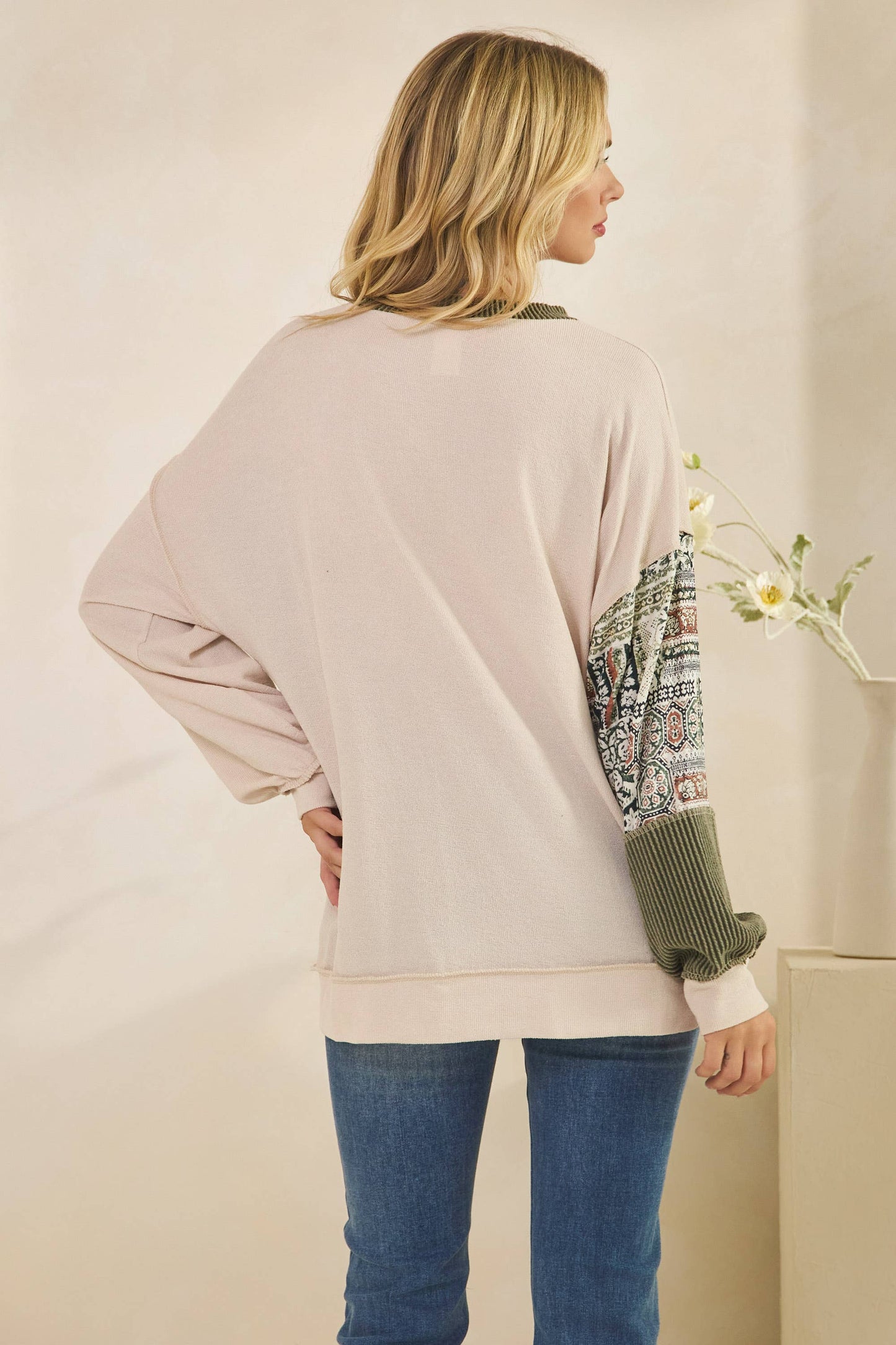 Patchwork Knit Long Sleeve Pullover Top Olive
