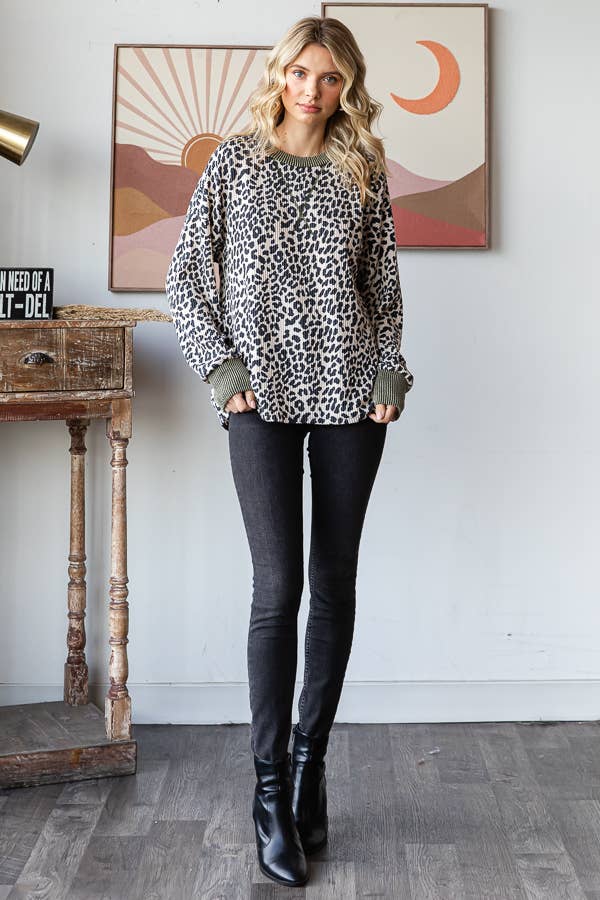 Rib Knit Animal Print Top Cream
