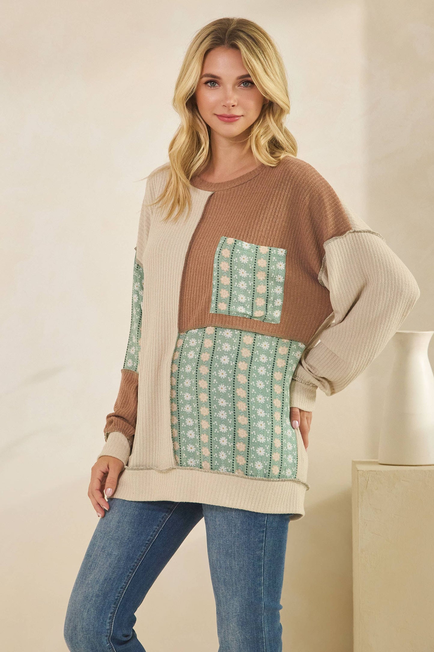 Color Block Floral Patchwork Pullover Top Beige/Sage