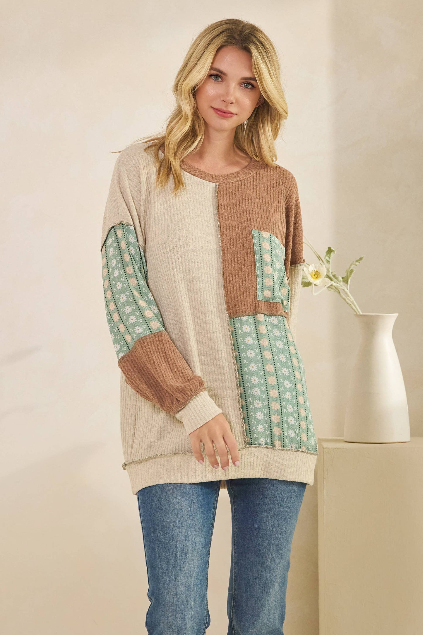 Color Block Floral Patchwork Pullover Top Beige/Sage