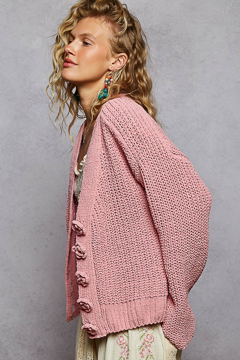 POL Flower Button Cardigan Rose