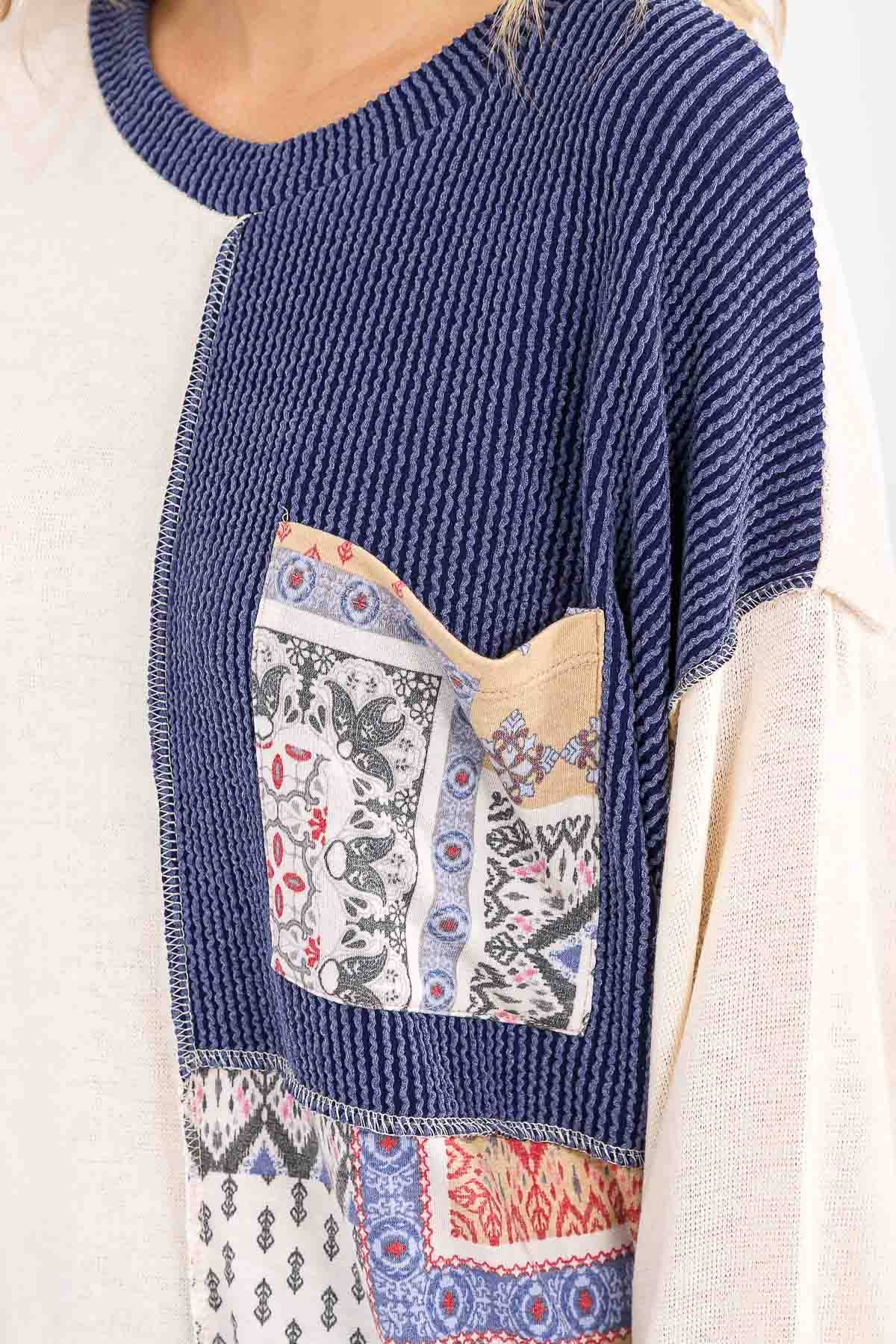 Patchwork Pocket Long Sleeve Top Cream/Denim