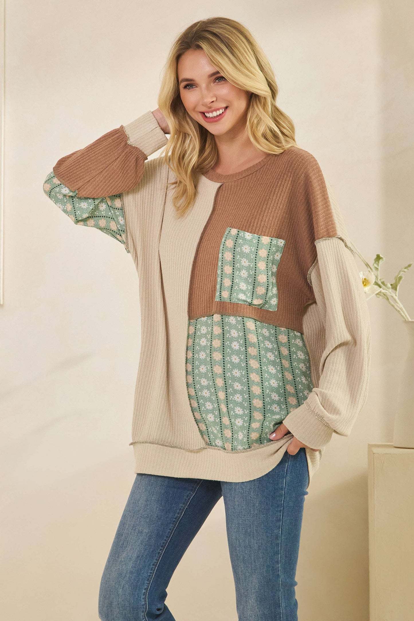 Color Block Floral Patchwork Pullover Top Beige/Sage