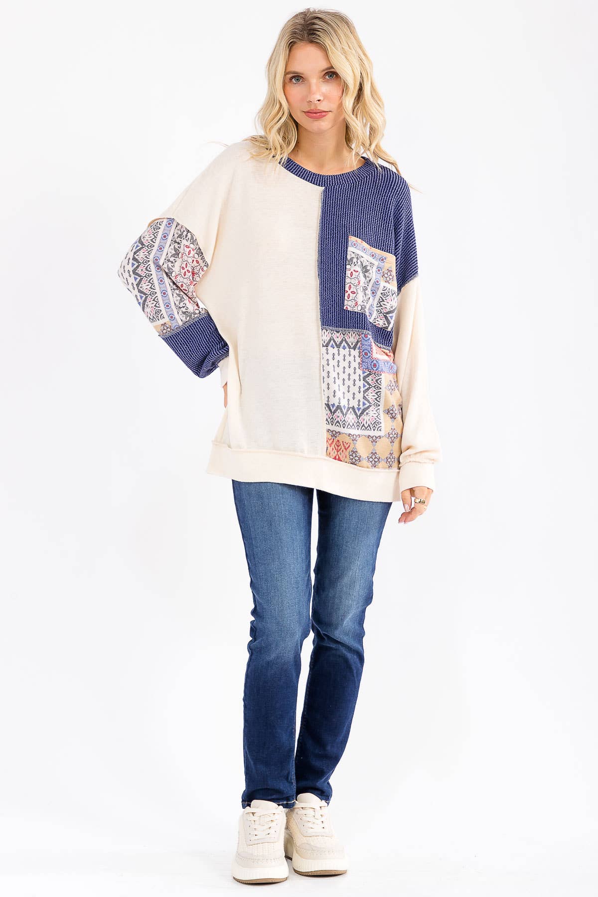 Patchwork Pocket Long Sleeve Top Cream/Denim