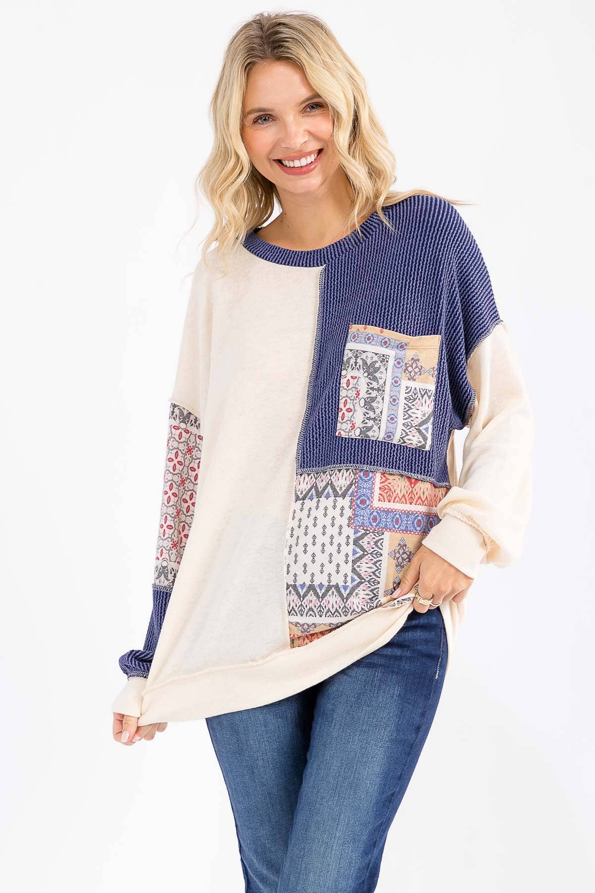 Patchwork Pocket Long Sleeve Top Cream/Denim