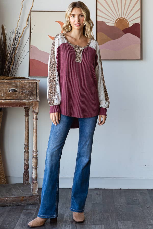 Color Block Animal Top Burgundy
