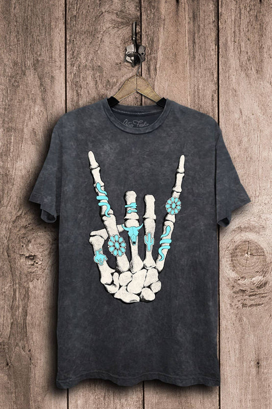 Skeleton Rock Hand Sign Graphic Top: Vintage Black Mineral Wash