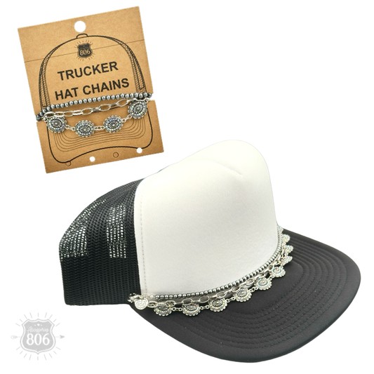 Silver concho, burnished bead hat chain