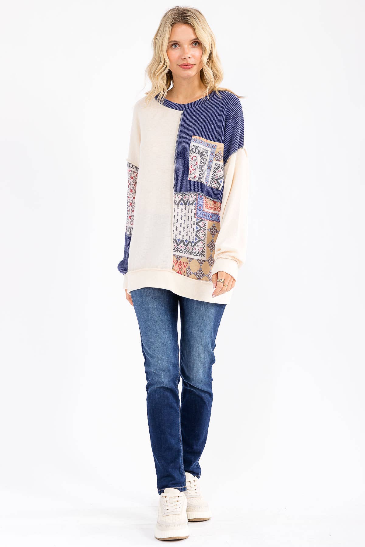 Patchwork Pocket Long Sleeve Top Cream/Denim