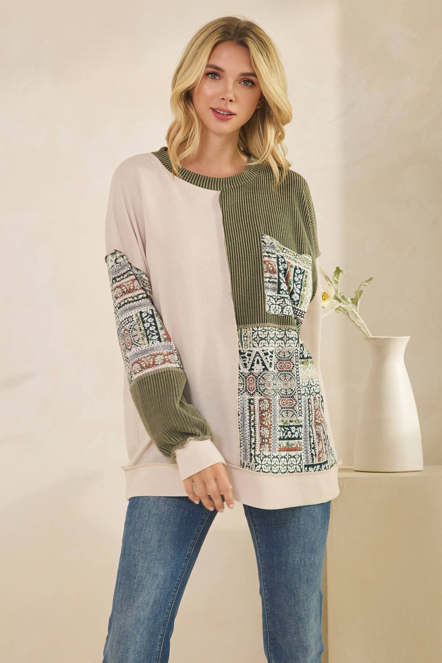 Patchwork Knit Long Sleeve Pullover Top Olive