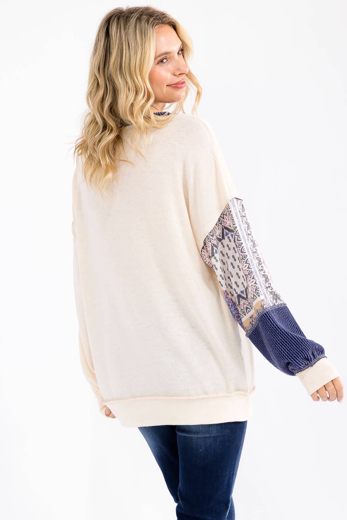 Patchwork Pocket Long Sleeve Top Cream/Denim