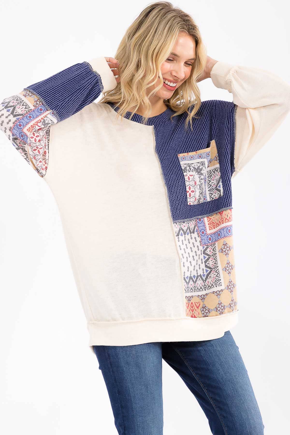 Patchwork Pocket Long Sleeve Top Cream/Denim