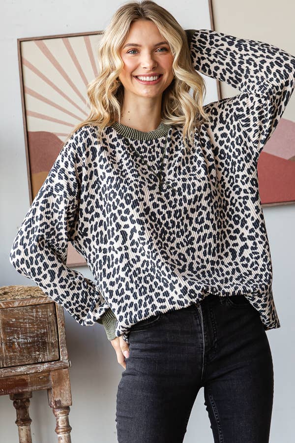 Rib Knit Animal Print Top Cream