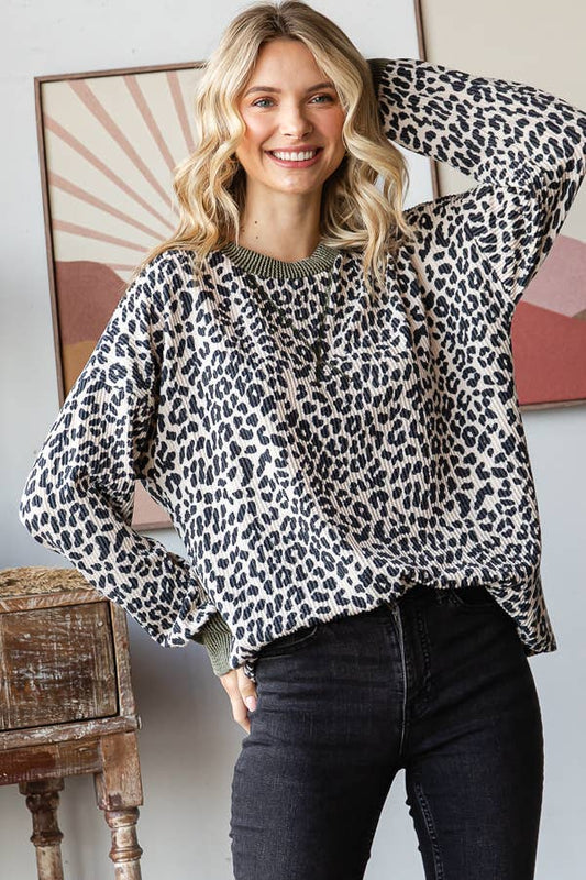 Rib Knit Animal Print Top Cream