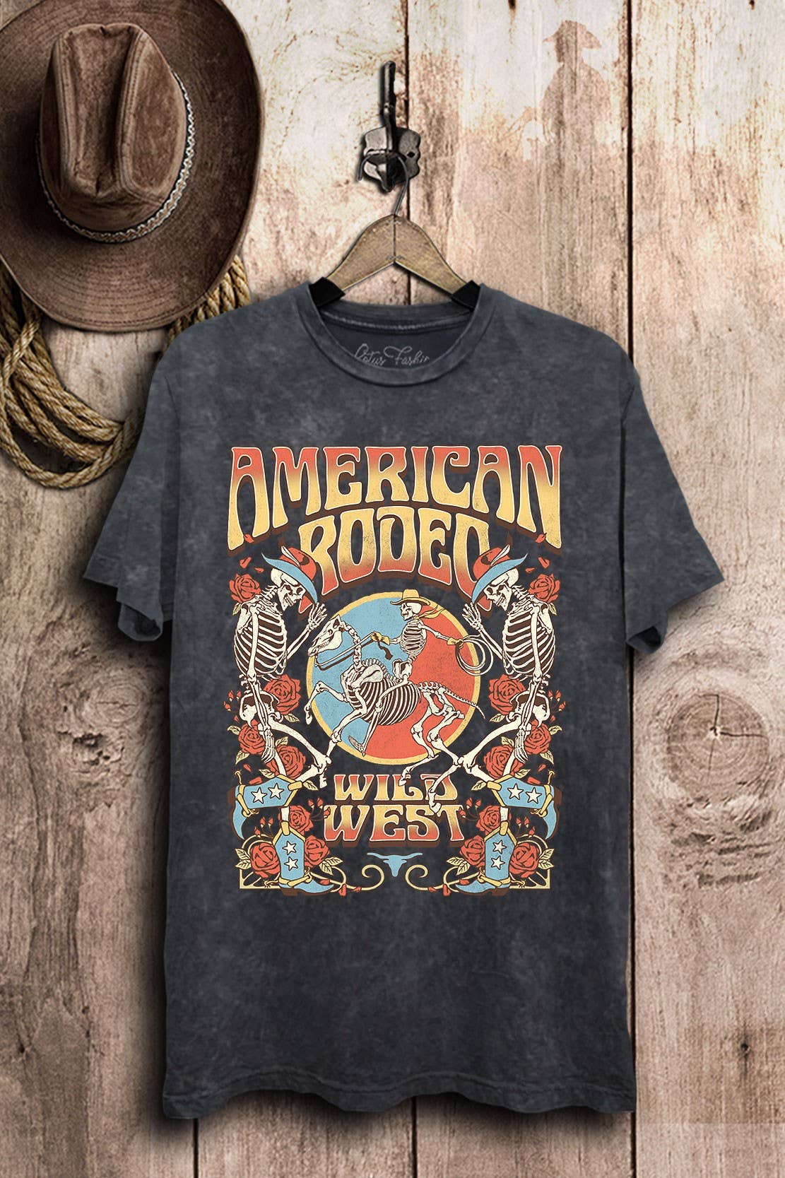 American Rodeo Wild West Graphic Top: Vintage Black Mineral Wash