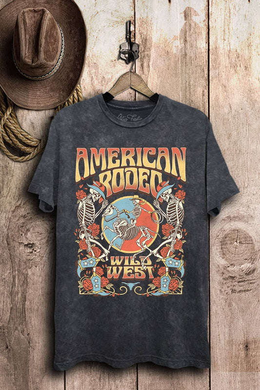 American Rodeo Wild West Graphic Top: Vintage Black Mineral Wash