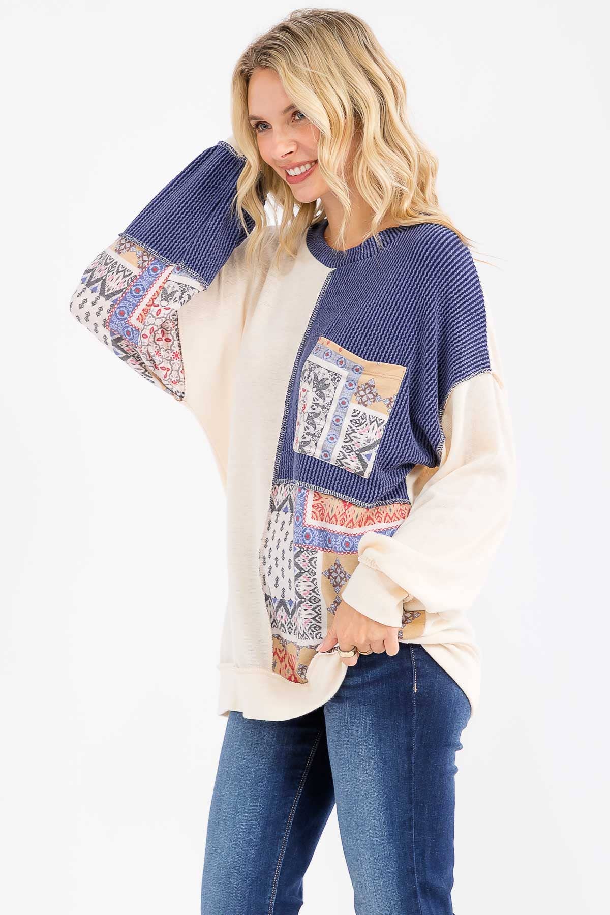 Patchwork Pocket Long Sleeve Top Cream/Denim