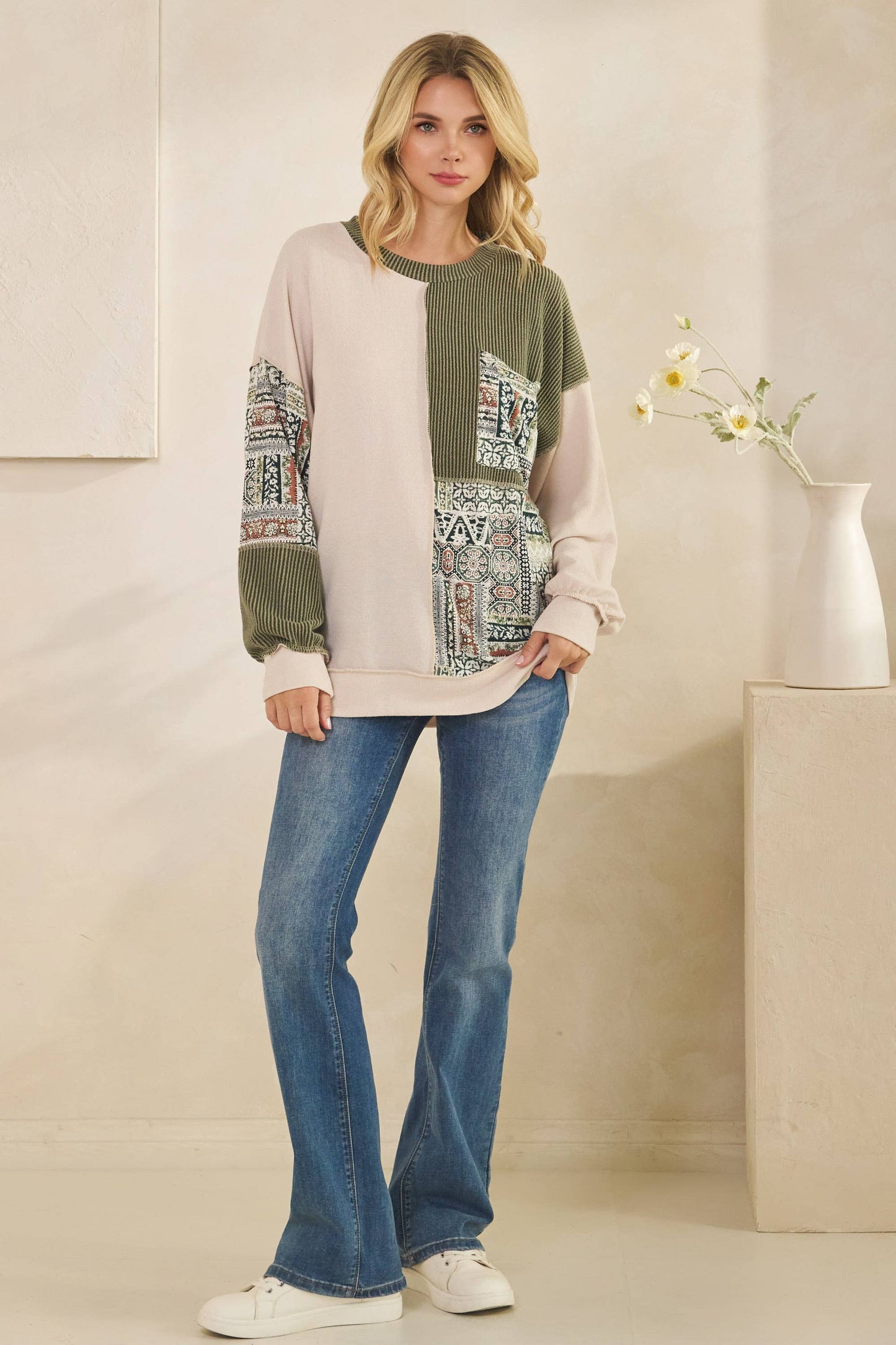 Patchwork Knit Long Sleeve Pullover Top Olive