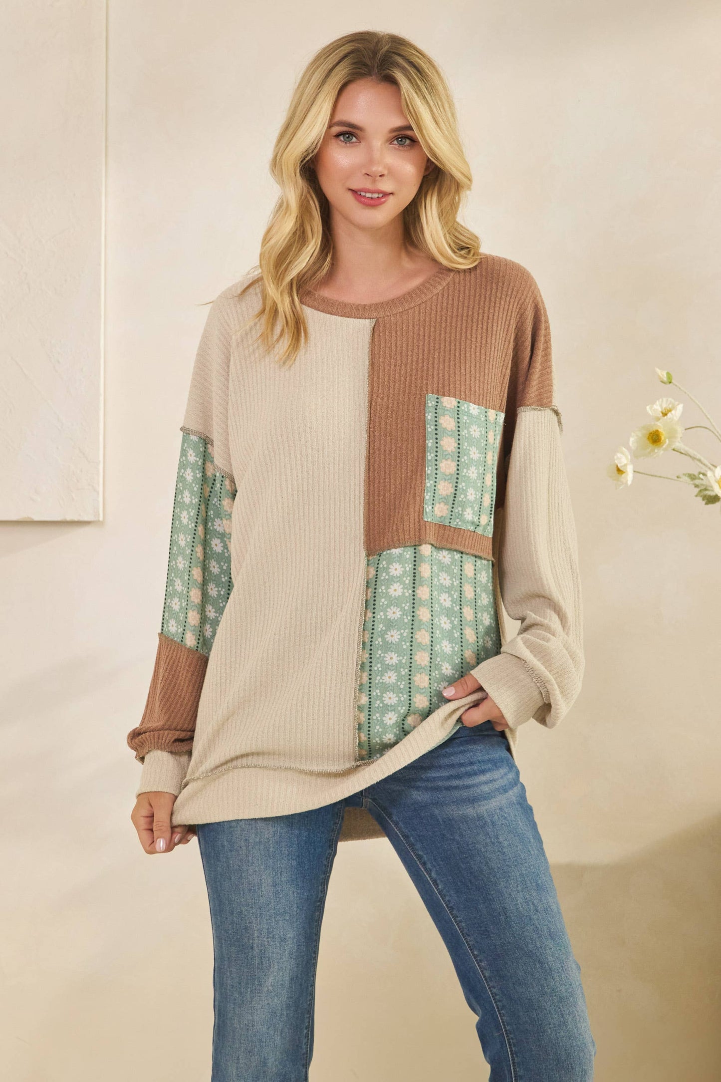 Color Block Floral Patchwork Pullover Top Beige/Sage