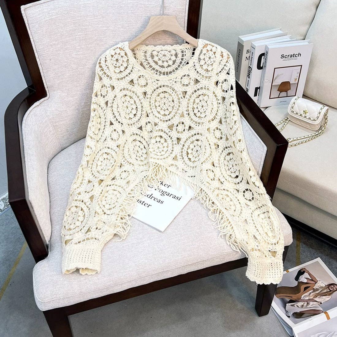 Vintage Hollow Knit Batwing Sweater:One Size