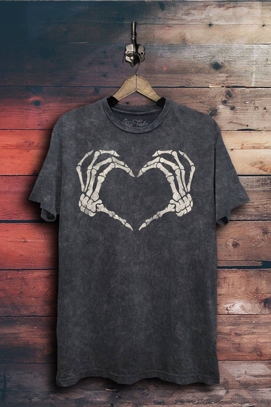 Skeleton Heart Hand Graphic Top: Vintage Black Mineral Wash