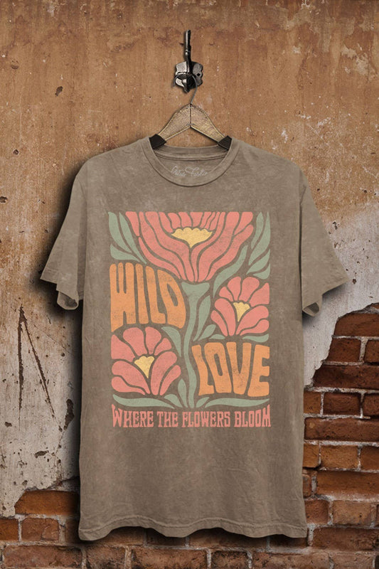Wild Love Where The Flowers Bloom Graphic Top: Mocha Mineral Wash / M