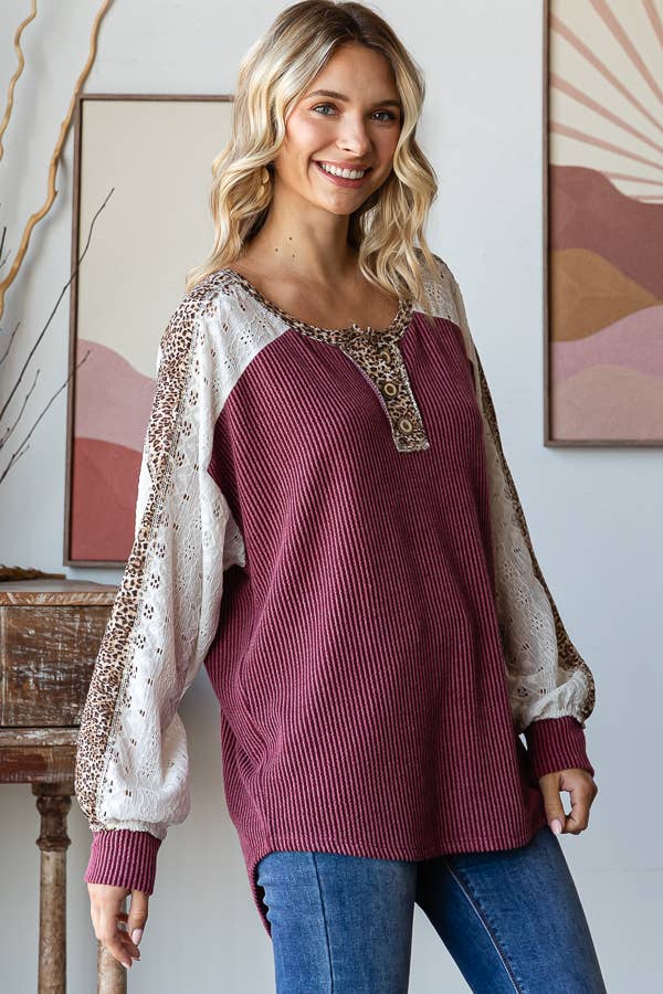 Color Block Animal Top Burgundy
