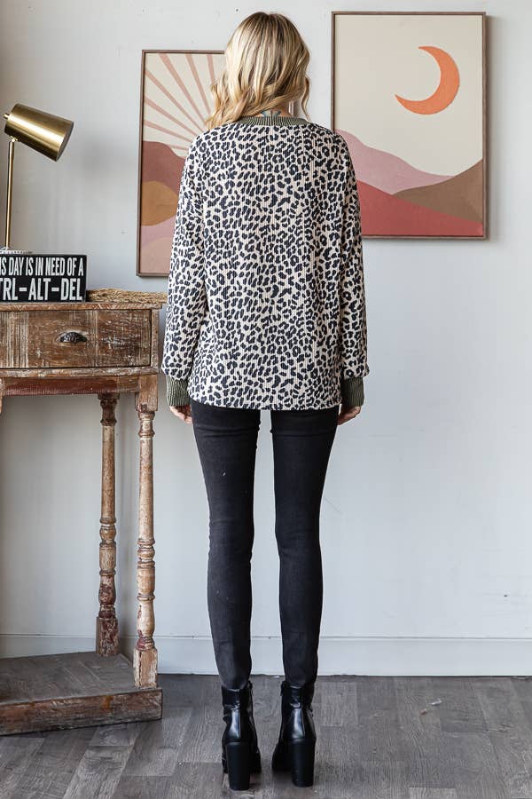 Rib Knit Animal Print Top Cream