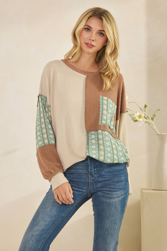 Color Block Floral Patchwork Pullover Top Beige/Sage