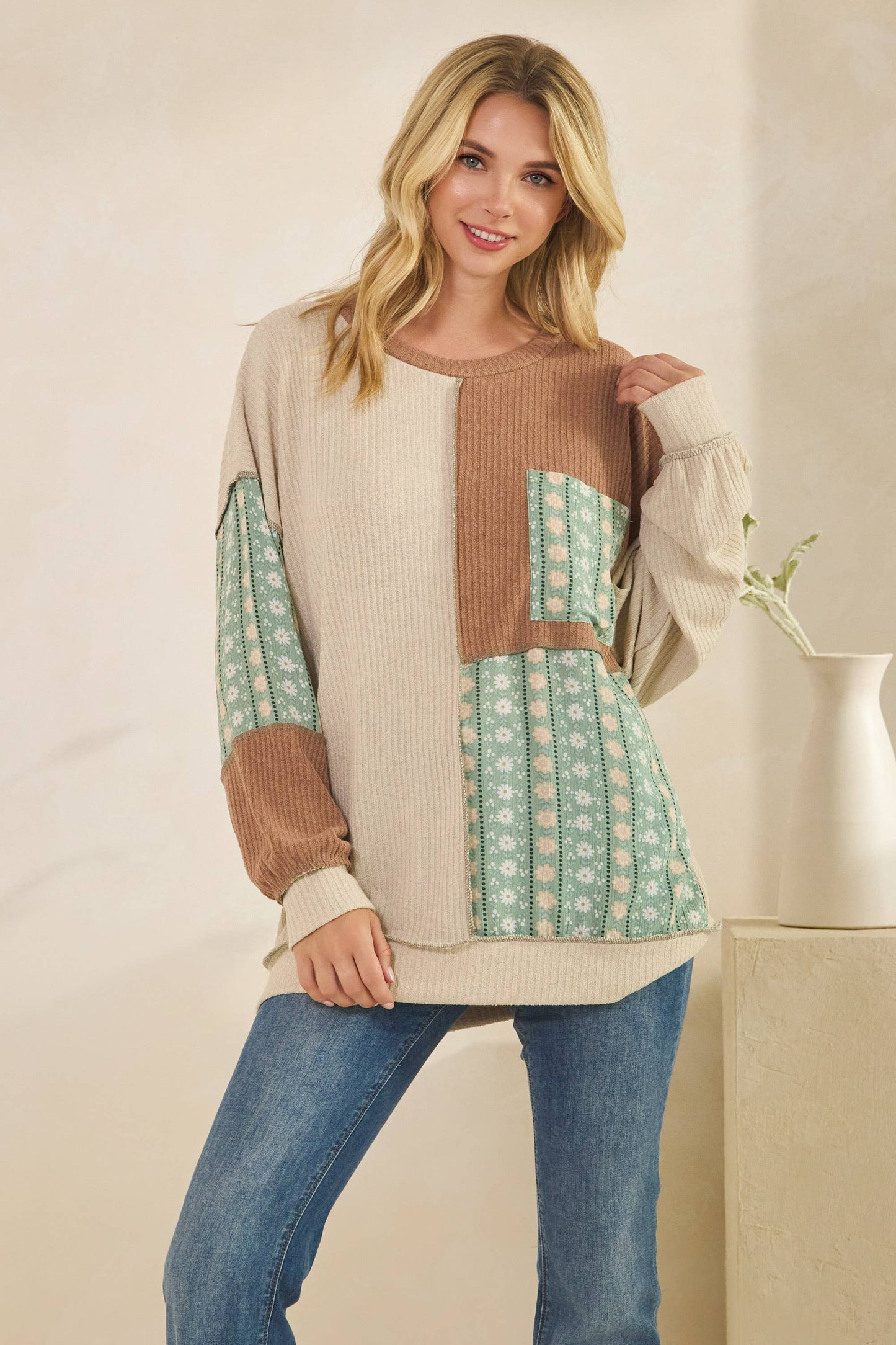 Color Block Floral Patchwork Pullover Top Beige/Sage