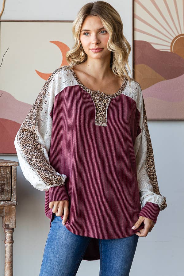 Color Block Animal Top Burgundy