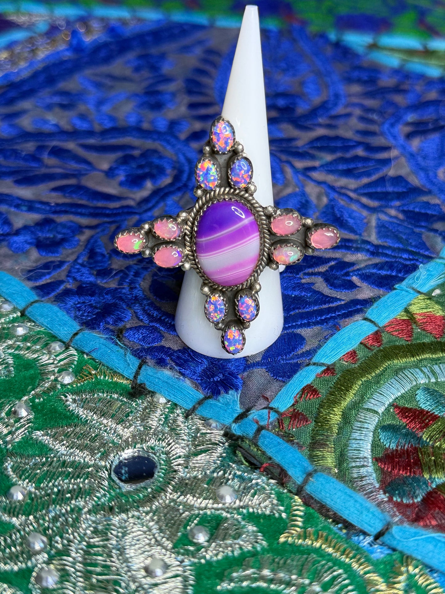 Pink Ethiopian, Fairy dust Opal and dyed Botswana Agate Ring