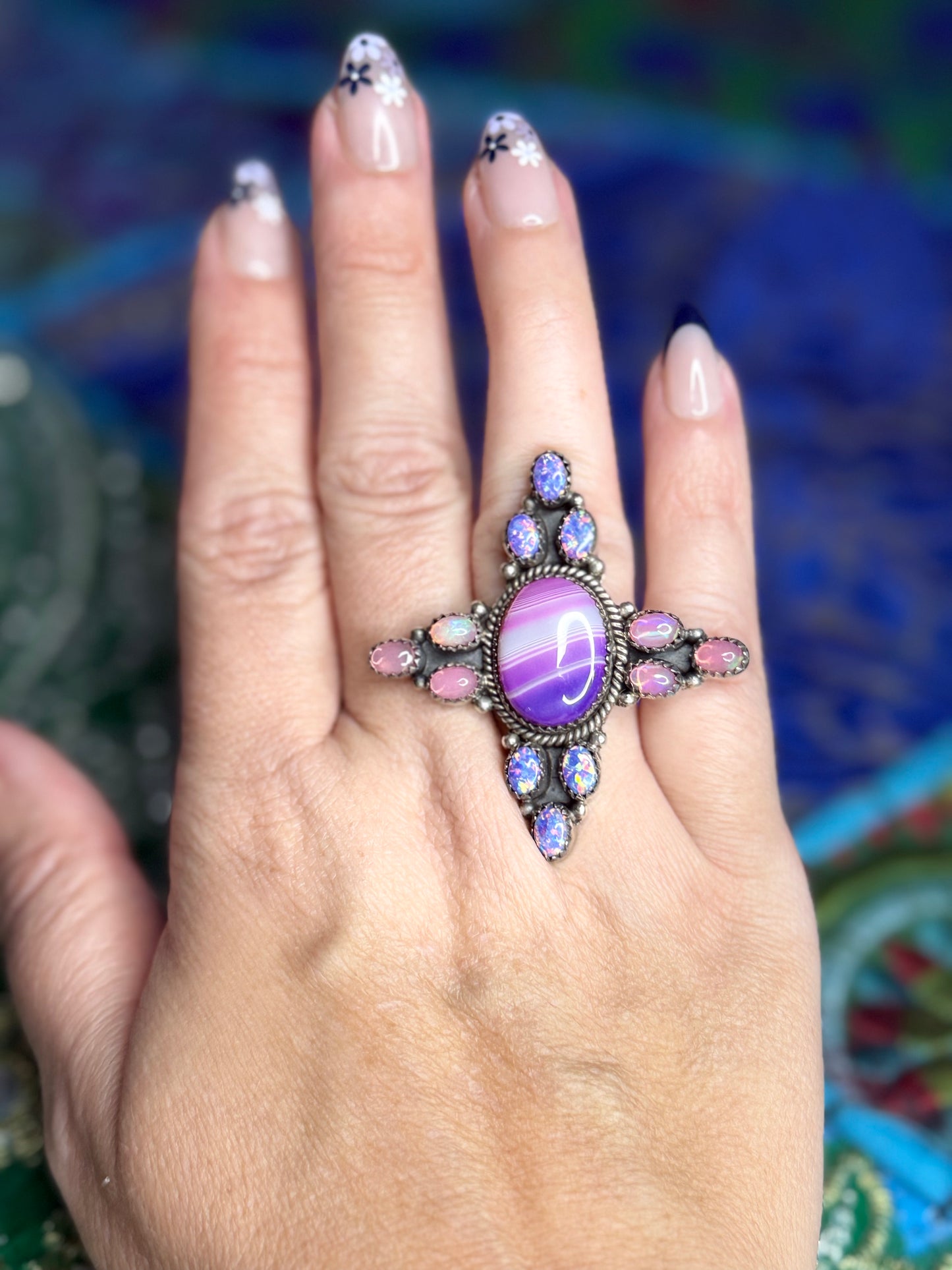 Pink Ethiopian, Fairy dust Opal and dyed Botswana Agate Ring