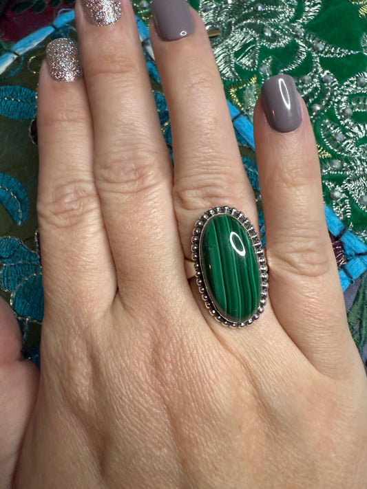 Solid Sterling Malachite adjustable ring size 9 and smaller