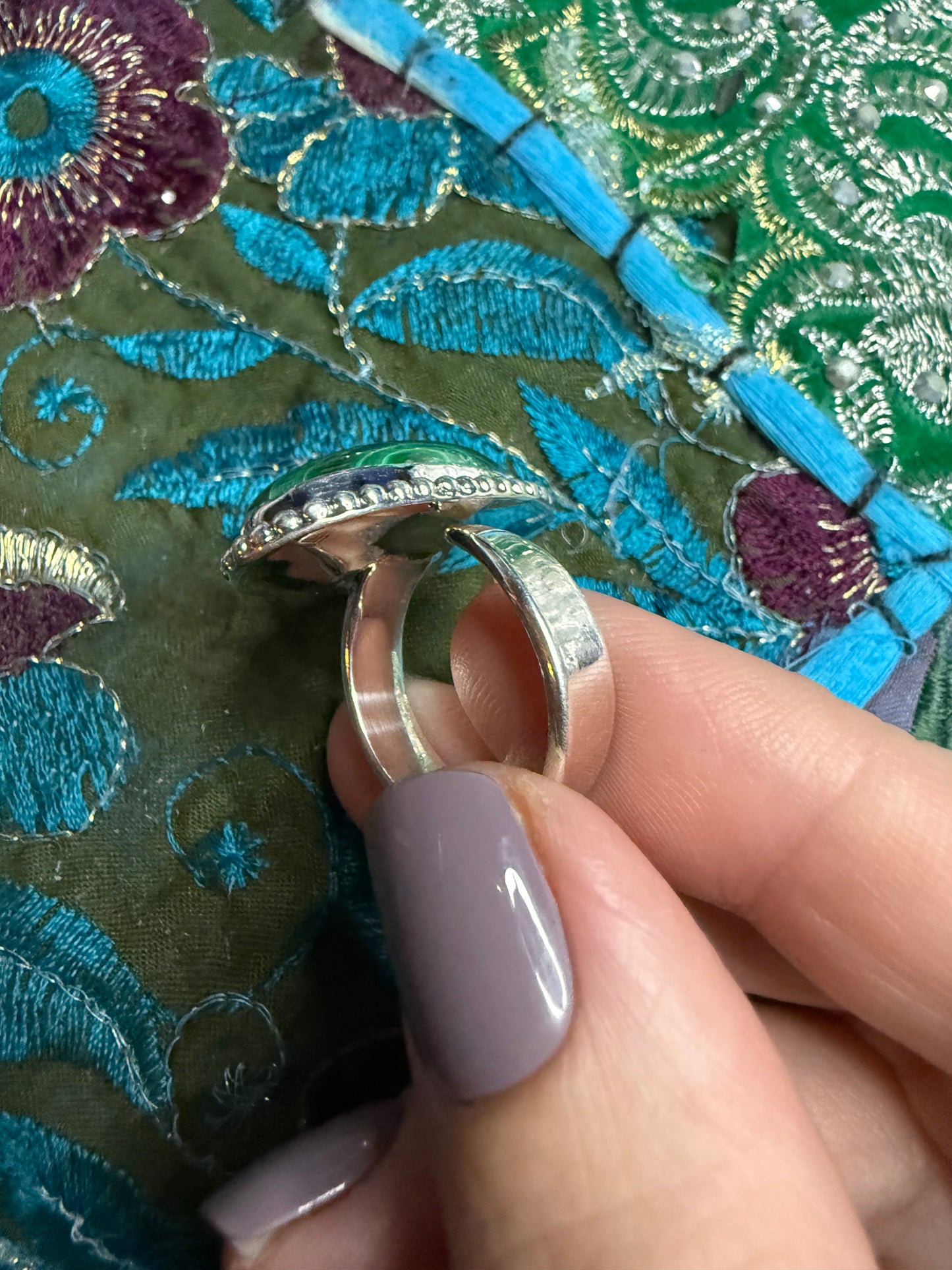 Solid Sterling Malachite adjustable ring size 9 and smaller