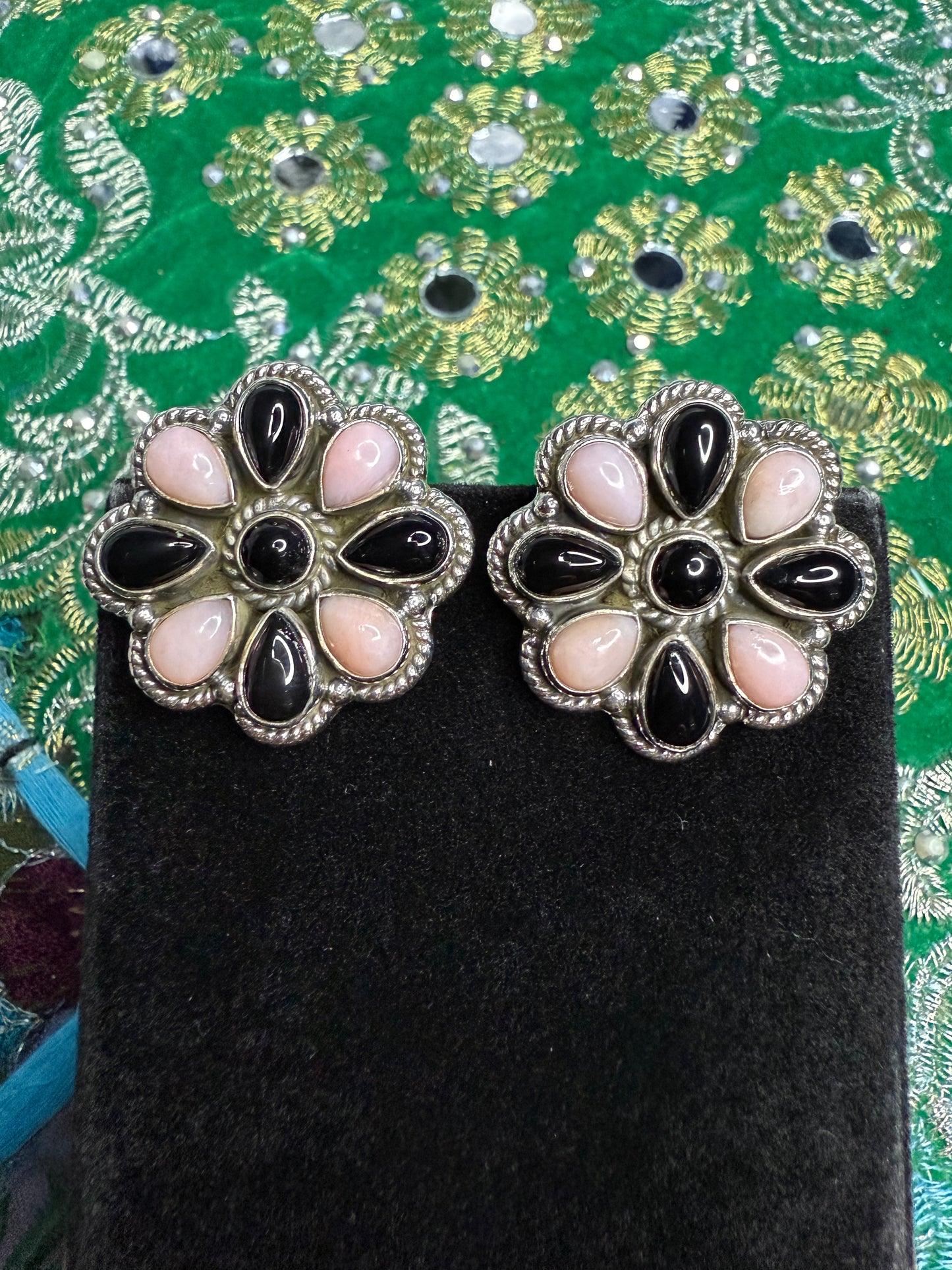 Sterling Pink Opal and Onyx Earrings