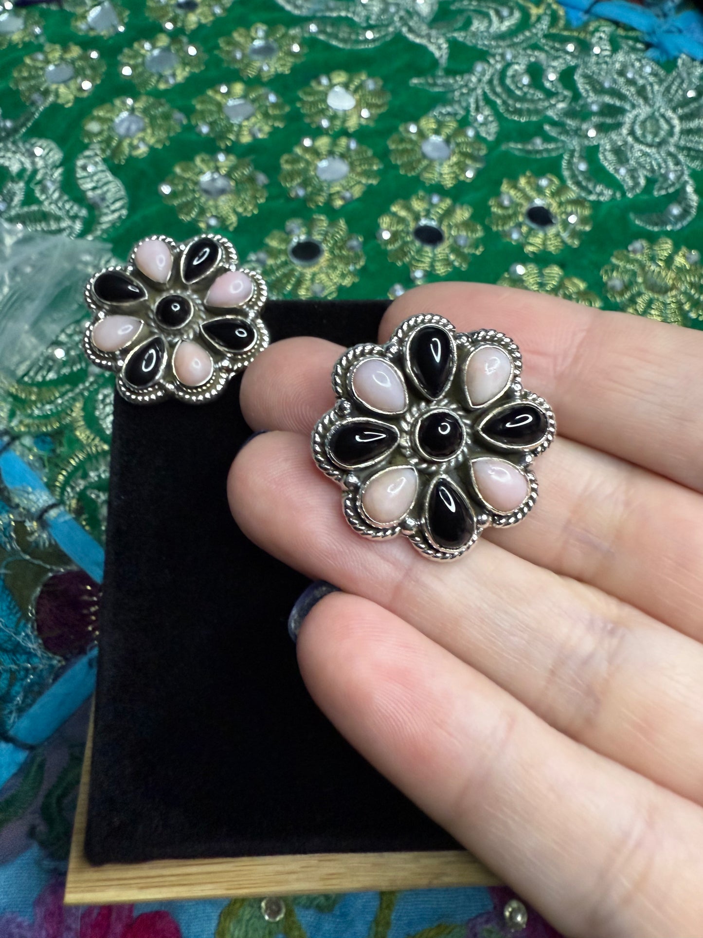 Sterling Pink Opal and Onyx Earrings