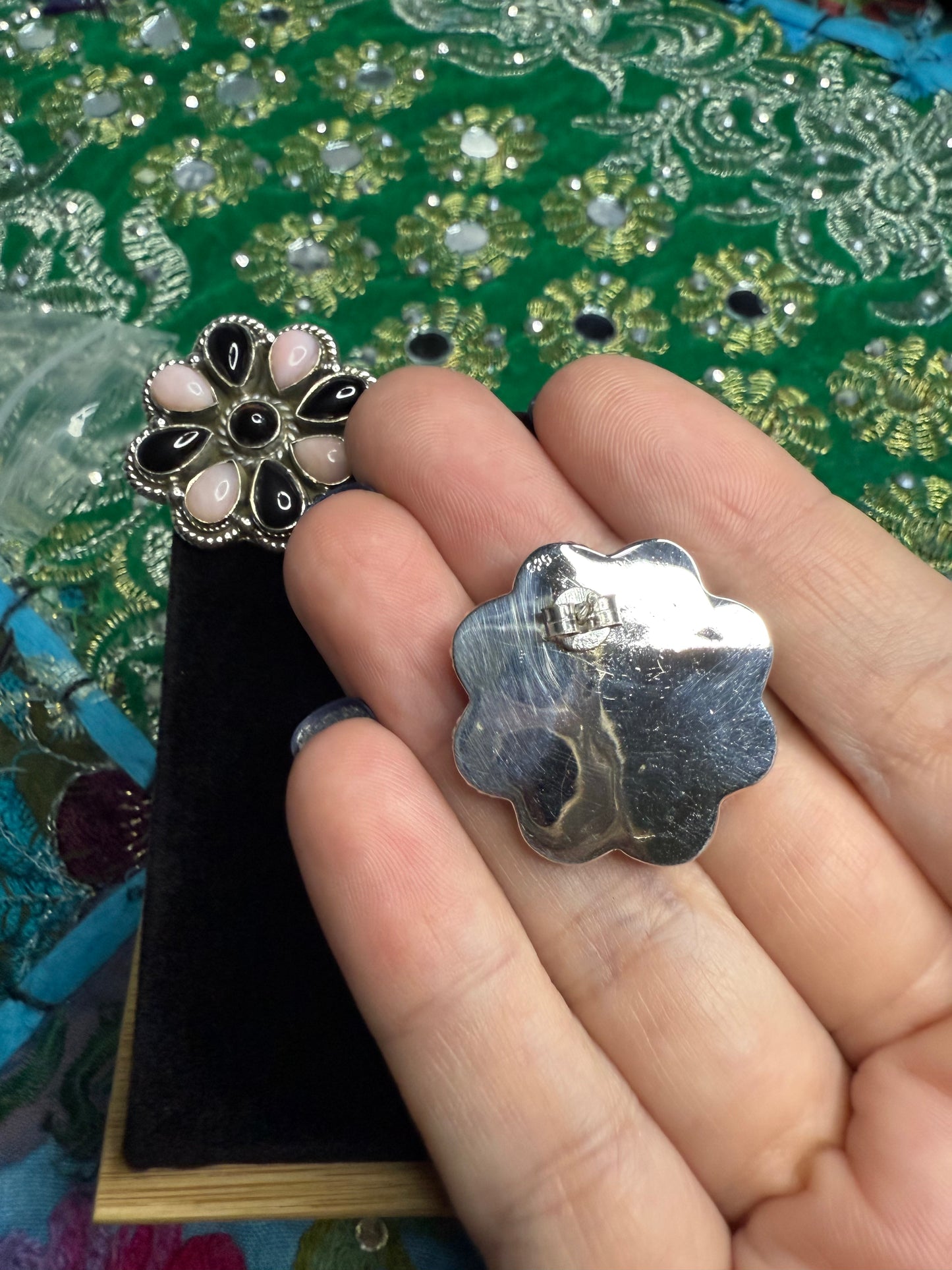 Sterling Pink Opal and Onyx Earrings