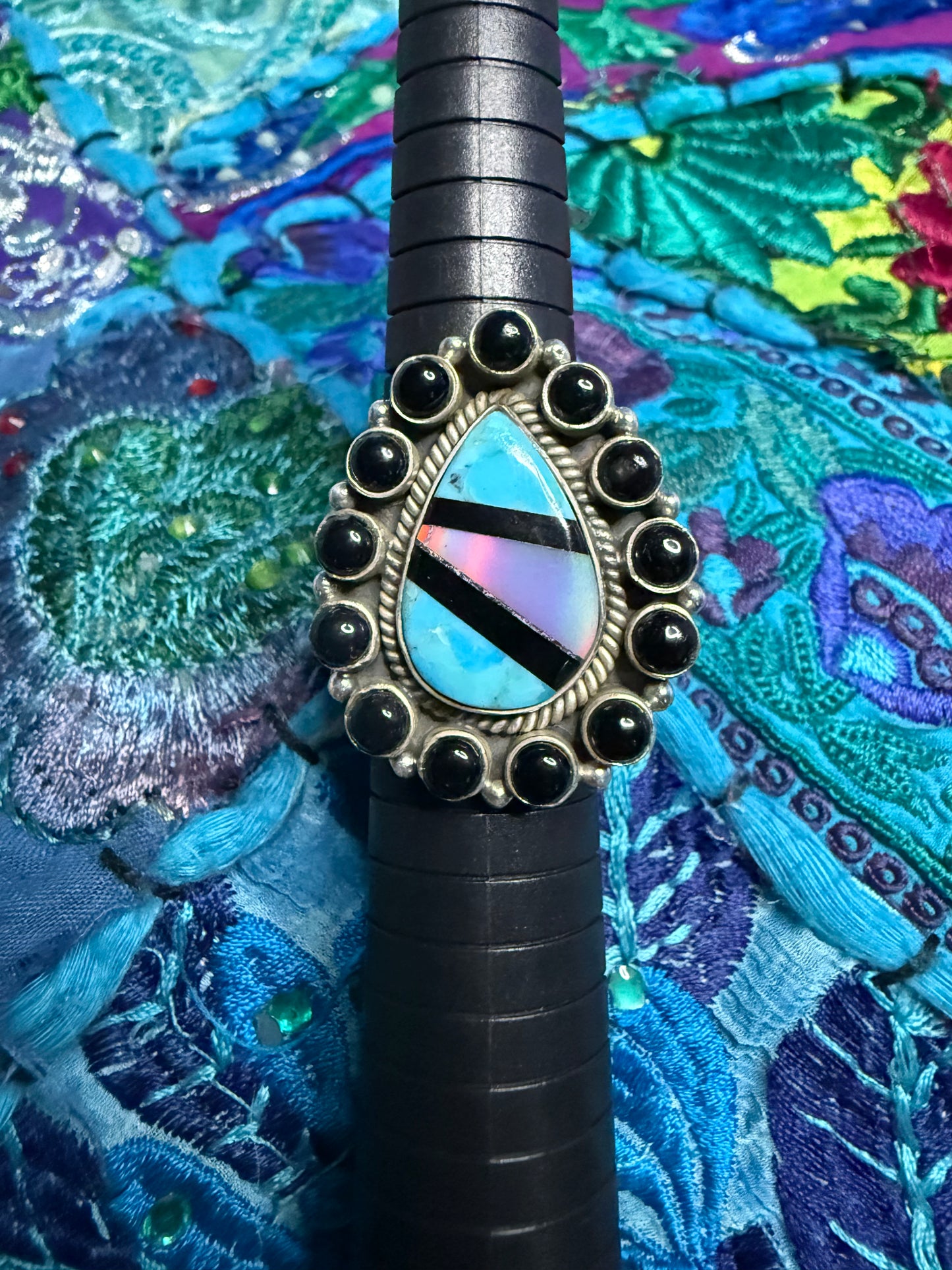 Sterling Onyx/Opal/ Turquoise ring adjustable size 9 or smaller