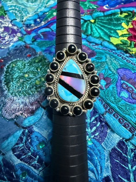 Sterling Onyx/Opal/ Turquoise ring adjustable size 9 or smaller