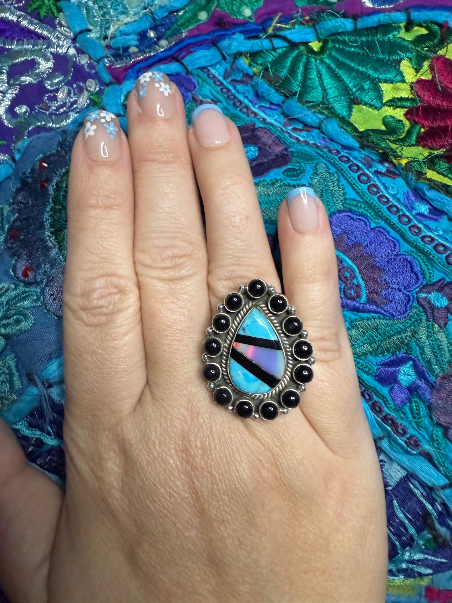 Sterling Onyx/Opal/ Turquoise ring adjustable size 9 or smaller