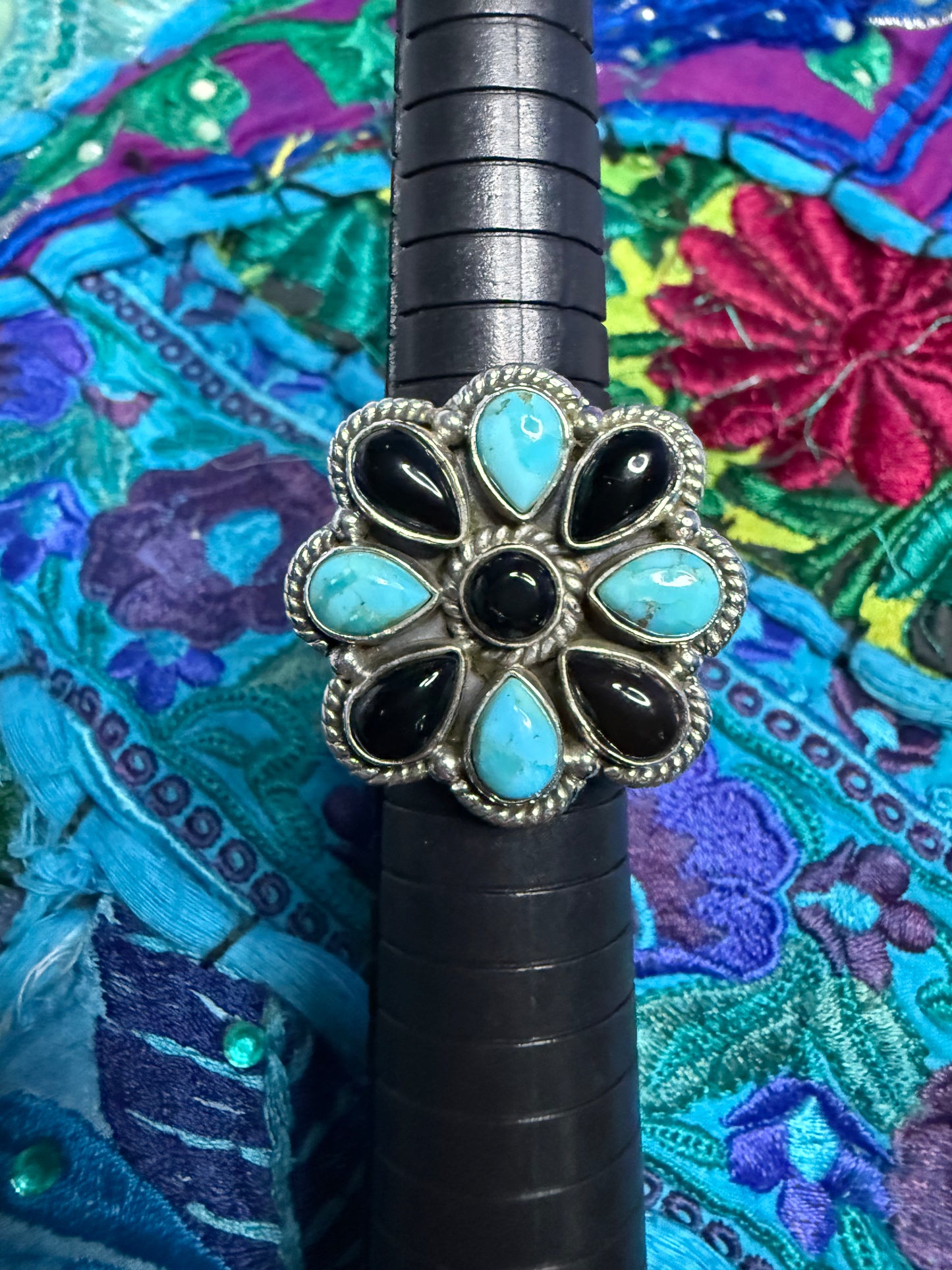 Sterling Turquoise/Onyx Ring adjustable size 9 or smaller