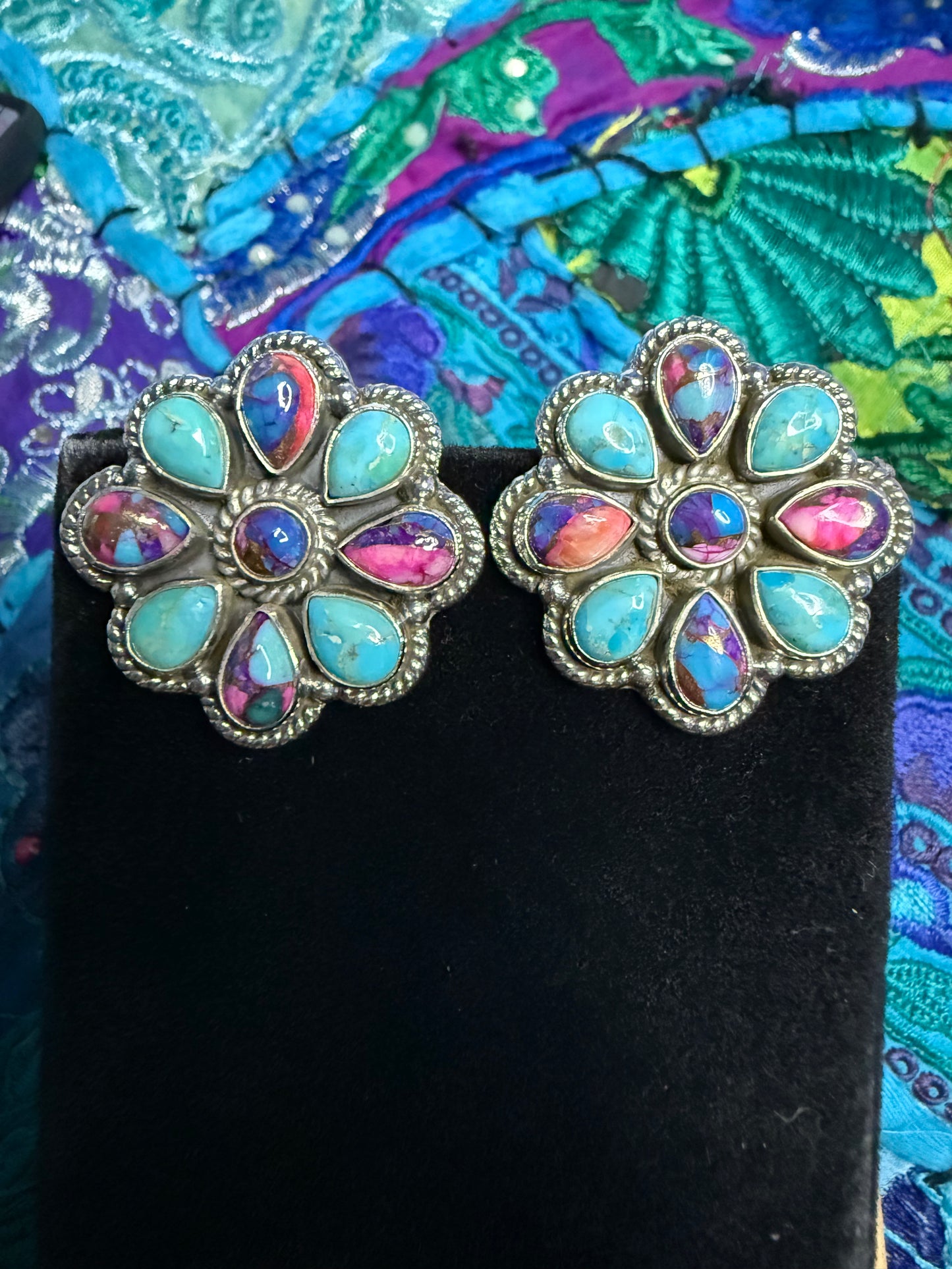 Sterling Pink Dahlia Turquoise earrings