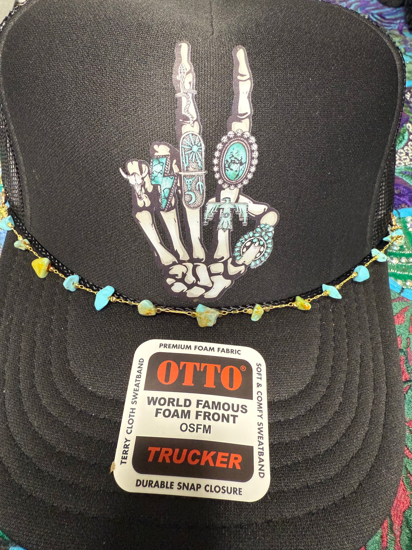 Turquoise Skelly Hand Peace Sign Graphic Trucker Hat : With Chain